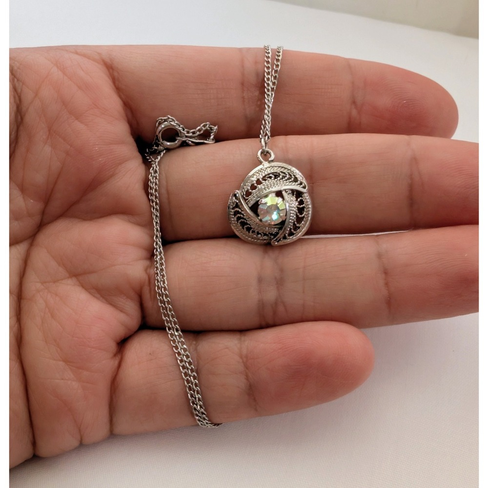 Sterling Silver 18" Dainty Necklace Aurora Borealis Rhinestone Pendant LT100